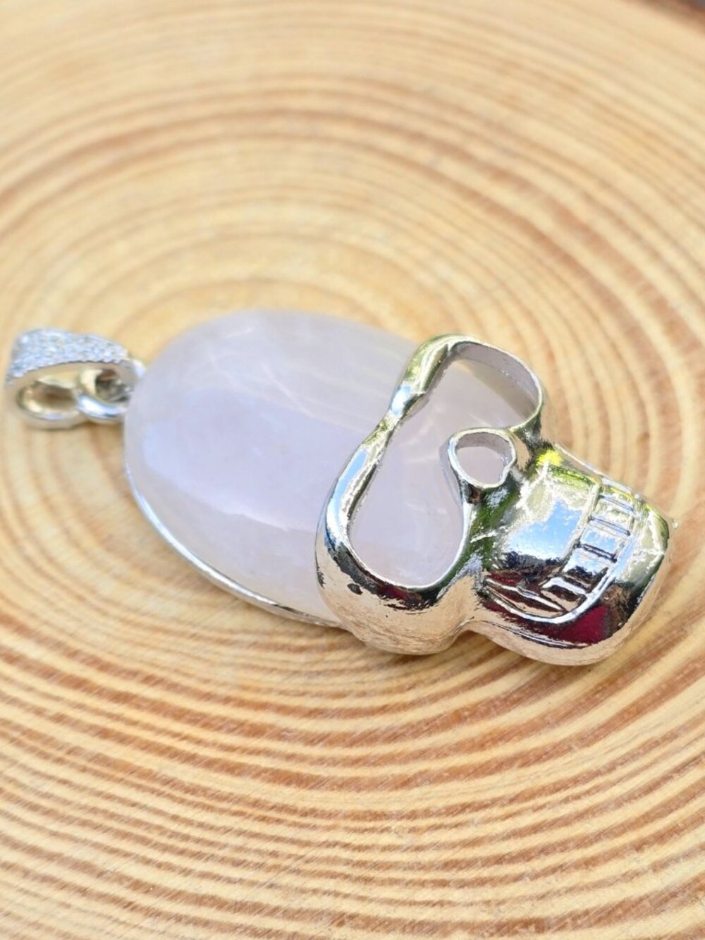 Hand Crafted ✦ Rose Quartz Stainless Steel Skull Pendant ✦ Gothic Pink Gemstone - Picture 3 of 7